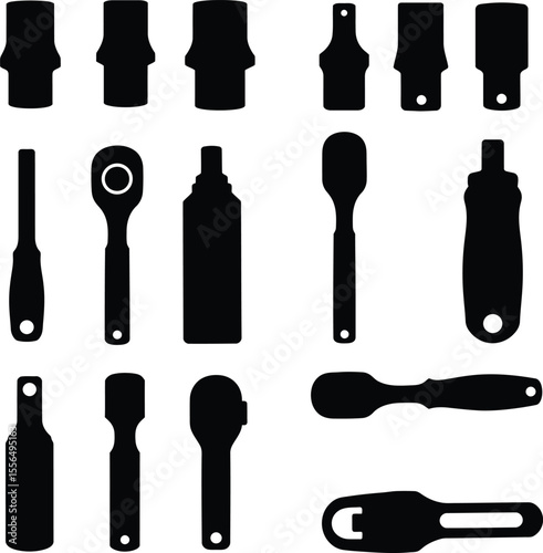 Comprehensive vector illustration set of various socket wrench heads and extensions, essential tools for automotive repair, mechanical work, and industrial assembly tasks.