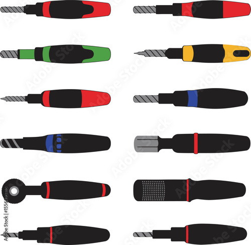 Colorful vector illustration set of various rotary tools with diverse attachments, perfect for intricate crafting, DIY projects, engraving, and precision work in workshops.