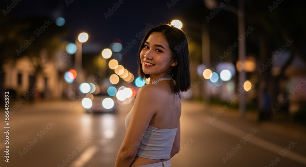 Fototapeta premium Young Woman Smiling on City Street at Night with Bokeh Lights