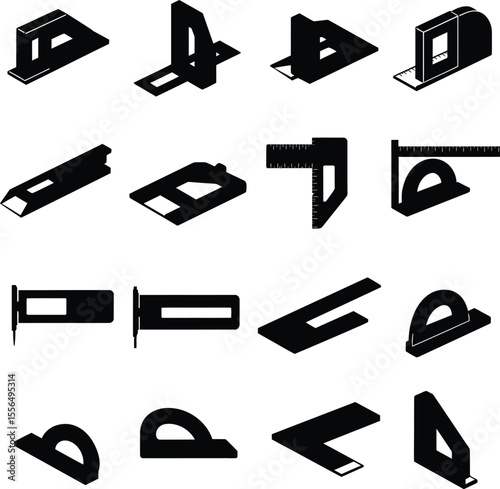 Diverse vector illustration set of speed squares and other carpentry measuring tools, essential for woodworking, construction, and precise angle marking and layout.