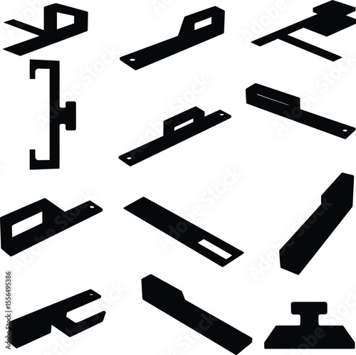 Diverse vector illustration set of speed squares and other carpentry measuring tools, essential for woodworking, construction, and precise angle marking and layout.