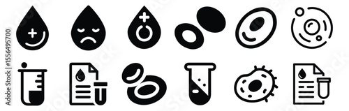 Medical Blood Test & Cell Icon Set – Blood Drop, Red Cells, Lab Tube, Virus, Symbols. Collection of medical icons, blood, cell, virus, bacteria, microbe, drop