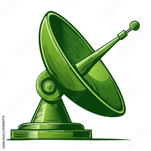 Green satellite dish illustration for global communications and technology against black background