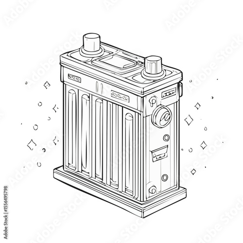 Detailed Line Art Illustration of a Steampunk Battery Power Source with Intricate Dial and Control Elements Set on Black Background
