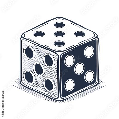 Stylized Sketch Illustration of a Die for Games of Chance and Board Game Concepts