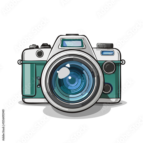 Vintage style camera illustration with blue lens and white accents for photography themed designs and creative projects