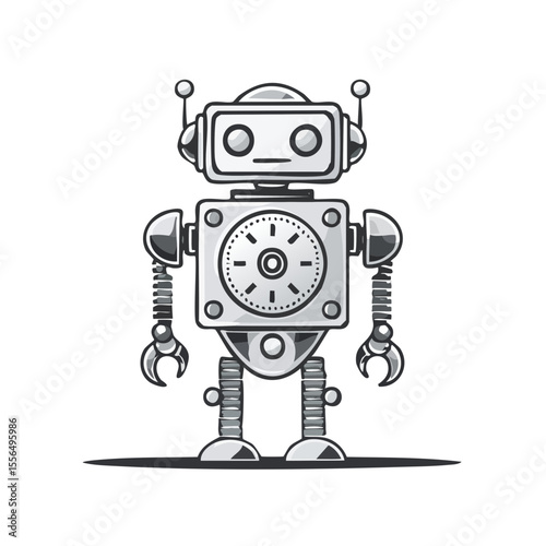 Monochrome Robot Illustration with Boxy Design, Clock Face, and Antenna on a Black Background