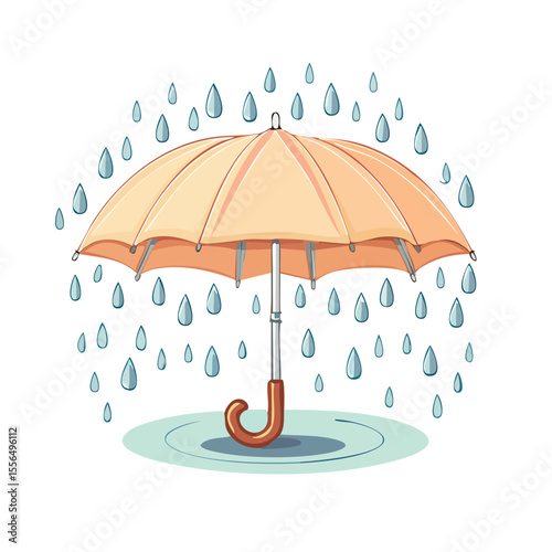 Illustration of Orange Umbrella and Raindrops with Puddle on Black Background