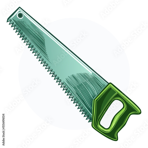 Green Hand Saw Illustration on White Background, Carpentry Tool