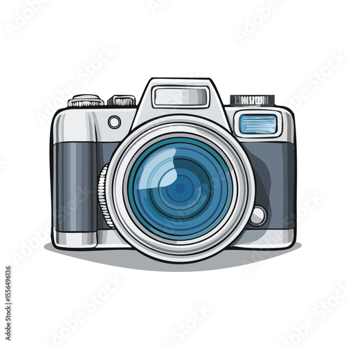 Illustrated camera with large blue lens, photography equipment on black background