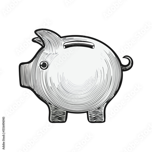 Stylized Piggy Bank Illustration in Black and White, Savings and Finance Concept