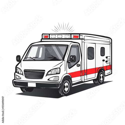 Emergency Ambulance Vehicle in White and Red with Lights on Dark Background