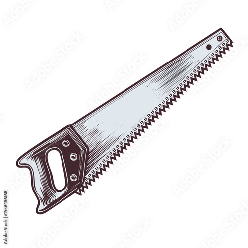 Vintage Illustration of Hand Saw with Wooden Handle Isolated on Black Background