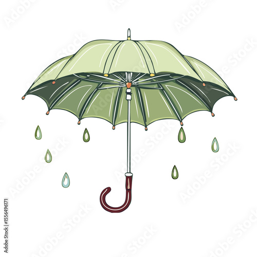 Green umbrella with raindrops, hand-drawn illustration against black background