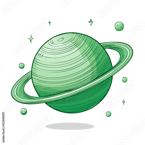 Green planet with rings illustration with moon and stars isolated on black space background