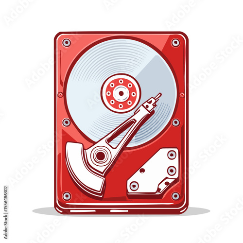 Stylized illustration of a hard disk drive in red and white showcasing data storage and computer hardware