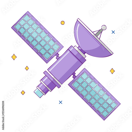 Cartoon Satellite in Space Communicating and Orbiting with Solar Panels and Stars on Black Background for Science or Technology Projects