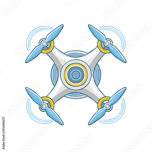Cartoon Quadcopter Drone Illustration with Blue Propellers on a Black Background