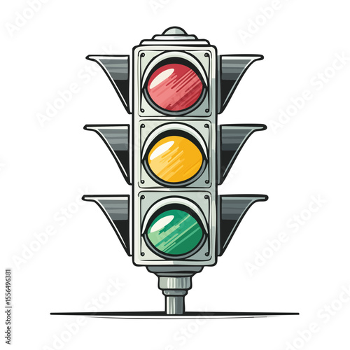Cartoon style traffic light with red, yellow and green lights on a black background