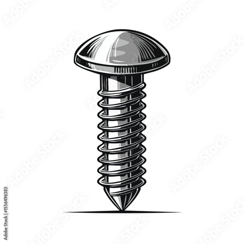 Illustration of a shiny metal screw on black background construction and repair equipment, fastening material, building supplies, industry objects
