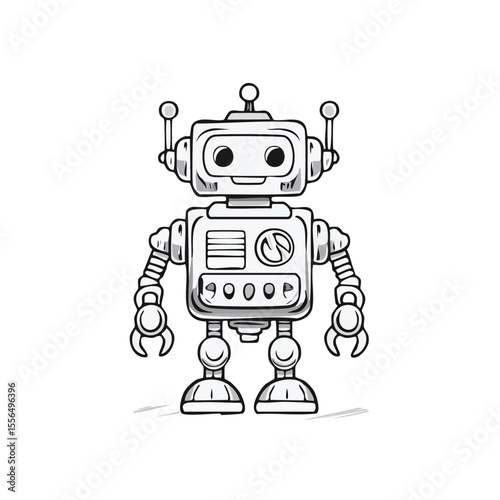 Retro Style Cartoon Robot Illustration Standing on Black Background with Antenna and Circular Body