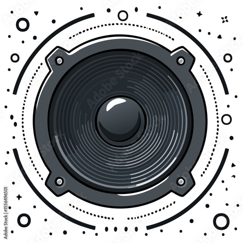 Speaker illustration with radiating soundwaves and shining elements in a dark background creating a dynamic music vibe, for design and audio projects