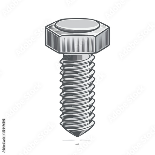 Close up illustration of an isolated metal screw with threads on a black background Hexagonal head fastener for industry and engineering