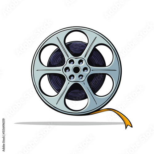 Cartoon Style Film Reel with Yellow Strip on a Dark Background, Motion Picture and Cinema