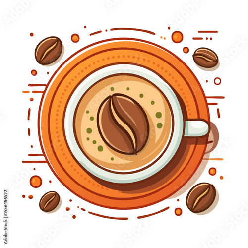 Coffee Cup with Bean in Latte Art Top View Fresh Brewed Beverage Design Element Background