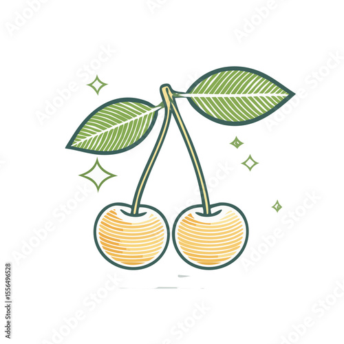 Graphic style twin cherries with leaves and stars. Vector illustration on black background. Fresh sweet fruit summer design