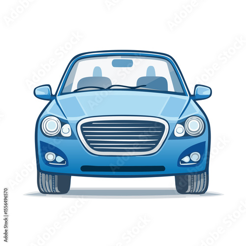 Front view of a blue car cartoon illustration. Modern automobile transport for urban lifestyle. Icon of vehicle design isolated on black background.
