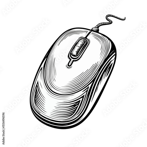 Computer mouse illustration in engraved style, white object on dark background, technology tool for navigation, drawing for designs