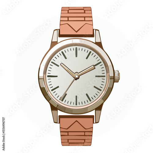 Analog Wristwatch Illustration with Tan Band against White Circle Backdrop