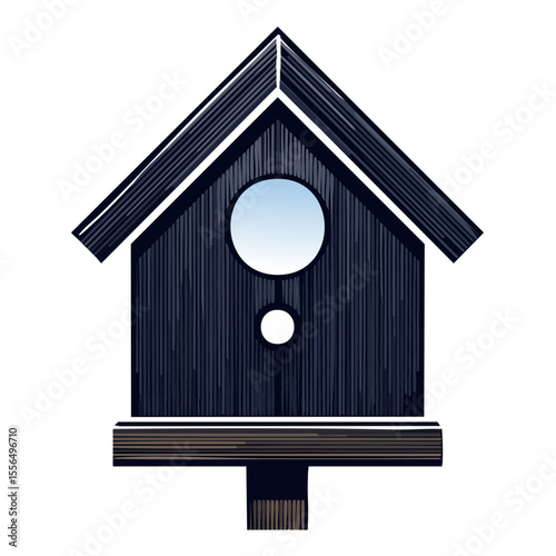 Illustration of a stylized dark blue birdhouse against black background with round entryway.