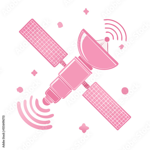 Satellite in Space for Global Communication with Solar Panels and Signal Waves Pink Spacecraft for Technology and Broadcast