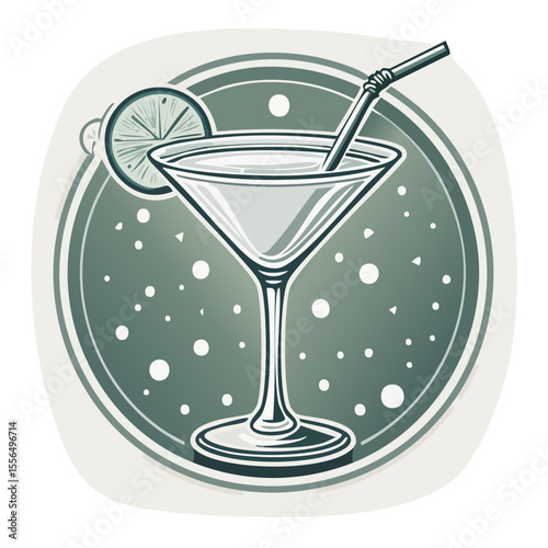 Elegant cocktail illustration of a martini glass with lime wedge and straw on a decorative round background design