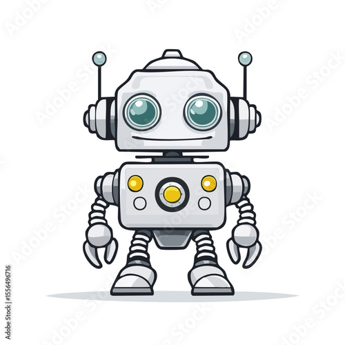 Cute white cartoon robot illustration featuring retro styling and simplified vector design on black background with bright accent colors