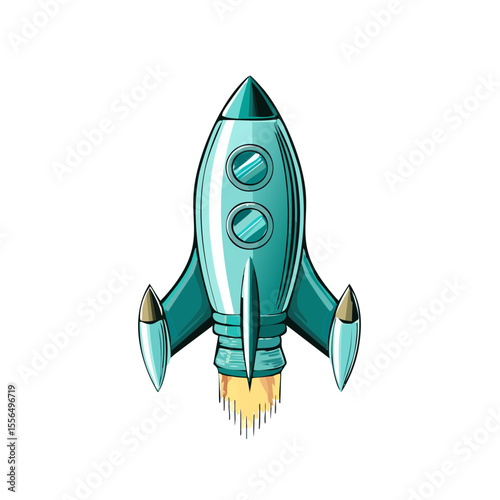 Illustration of a blue rocket ship launching into space with exhaust flames against a black background adventure and futuristic technology