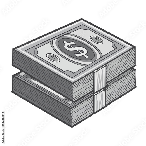 Stacks of money in grayscale illustration, piles of cash, wealth and financial success