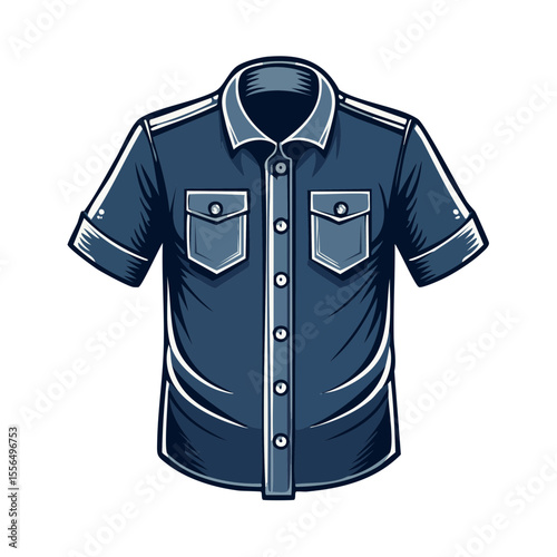 Blue Shirt with Pockets Casual Button Down Short Sleeve Isolated on Black Background