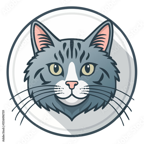Stylized Gray Cat Portrait Illustration with Striped Markings and Detailed Whiskers in a Circular Graphic