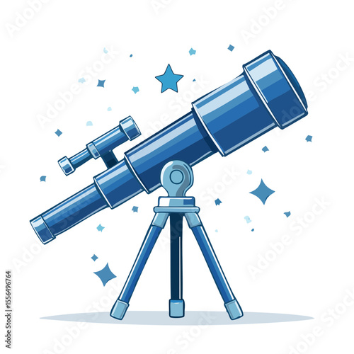 Blue Cartoon Telescope Observing Stars and Space on Black Background