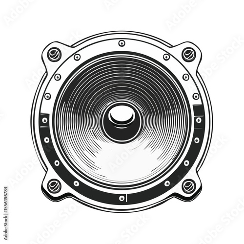 Loudspeaker Grayscale Illustration Isolated on Black Background Round Sound System Component