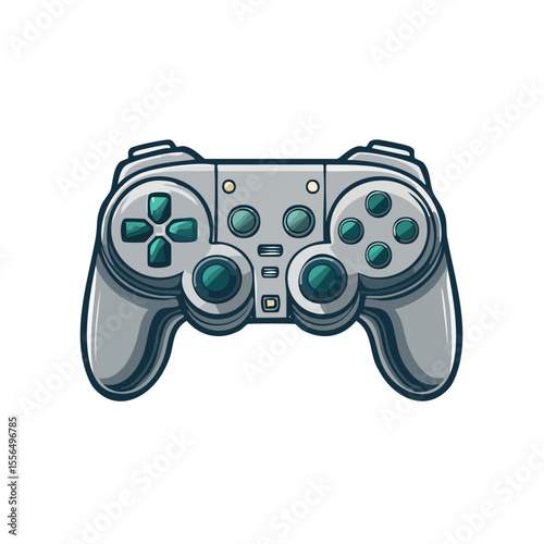 Stylized illustration of a gray gamepad with green buttons on a black background, controller for video games