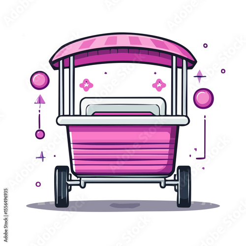 Pink striped vendor cart with awning and wheels for food sales and market stand illustration