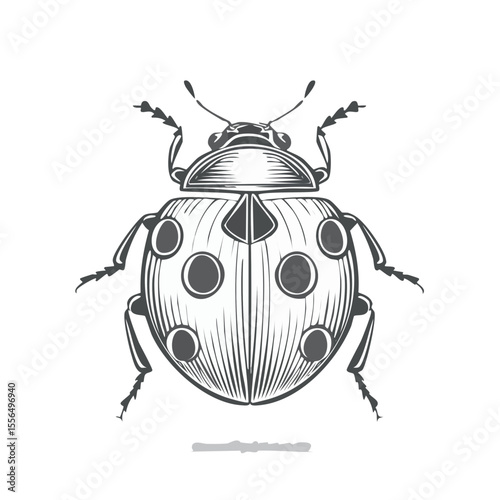 Ladybug Line Art Illustration, Insect Engraving Style on Black Background