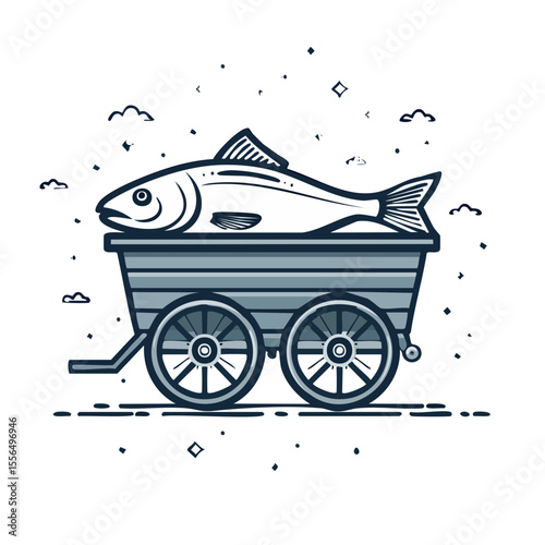 Stylized Fish on a Wagon Cart Illustration Fresh Catch Seafood Delivery Food Industry Whimsical Transport Cartoon Graphics