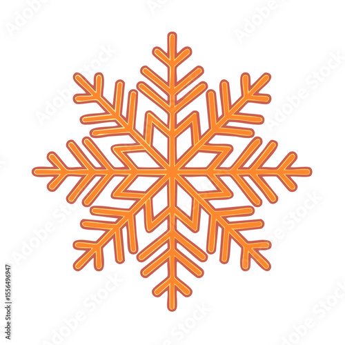 Hand-drawn snowflake illustration in orange color. Winter holiday design element. Christmas and New Year season decorations. Festive cartoon graphics on black background.