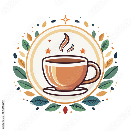 Stylized cup of coffee or tea surrounded by leaves and stars offers warm and cozy vibes for autumn and winter seasons