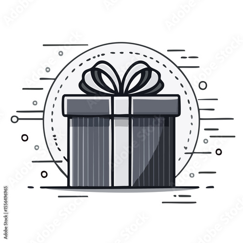 Stylized Gift Box with Ribbon in Monochrome Tones Against Graphic Background